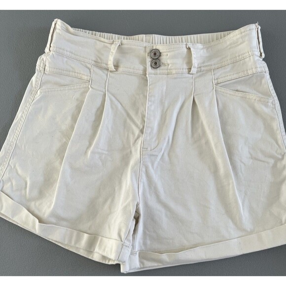 Unbranded Pants - Women’s Pleated Front Shorts Large Ivory Elastic Back Folded Hem Pockets Baggy